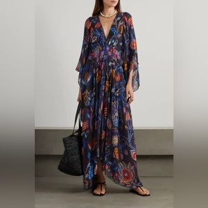Farm Rio Sunset Tapestry Black Kaftan Dress S Print Asymmetrical Maxi
